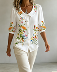 Mavessia - Damebluse i bomuld og hør med kunstnerisk vintage-blomsterprint