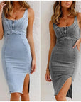 Estelle - Bodycon denimkjole med U-formet hals og slids med justerbare stropper