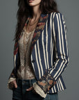 Avenorix - Stribet boheme-blazer til damer med vintage blomsterprint