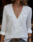 Myrella - Vintagebluse med flæser og blomsterbroderi