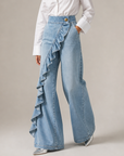 Izzavelle - Vide denimbukser til kvinder med asymmetrisk flæse i elegant culotte-stil