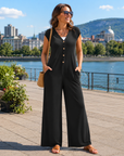 Priscena - Jumpsuit til damer med V-hals, knapper og vide ben