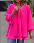Quorina - Chiffonbluse til kvinder med V-hals og lynlås, 3/4-ærmer, flydende elegant stil