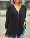 Quorina - Chiffonbluse til kvinder med V-hals og lynlås, 3/4-ærmer, flydende elegant stil