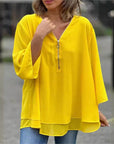 Quorina - Chiffonbluse til kvinder med V-hals og lynlås, 3/4-ærmer, flydende elegant stil