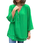 Quorina - Chiffonbluse til kvinder med V-hals og lynlås, 3/4-ærmer, flydende elegant stil