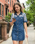Galena - Kort skjortekjole i denim til kvinder med gennemsigtig blonde