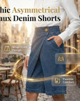 Hesperia - Shorts til kvinder med denimeffekt og asymmetrisk slå om-snit