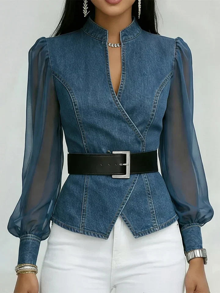 Quinellea - Elegant denimbluse med struktur