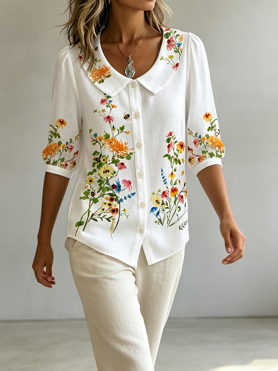 Mavessia - Damebluse i bomuld og hør med kunstnerisk vintage-blomsterprint