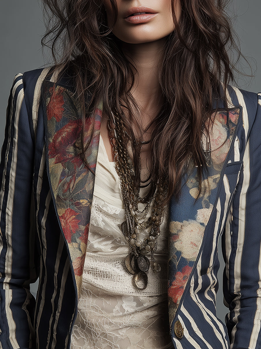 Avenorix - Stribet boheme-blazer til damer med vintage blomsterprint