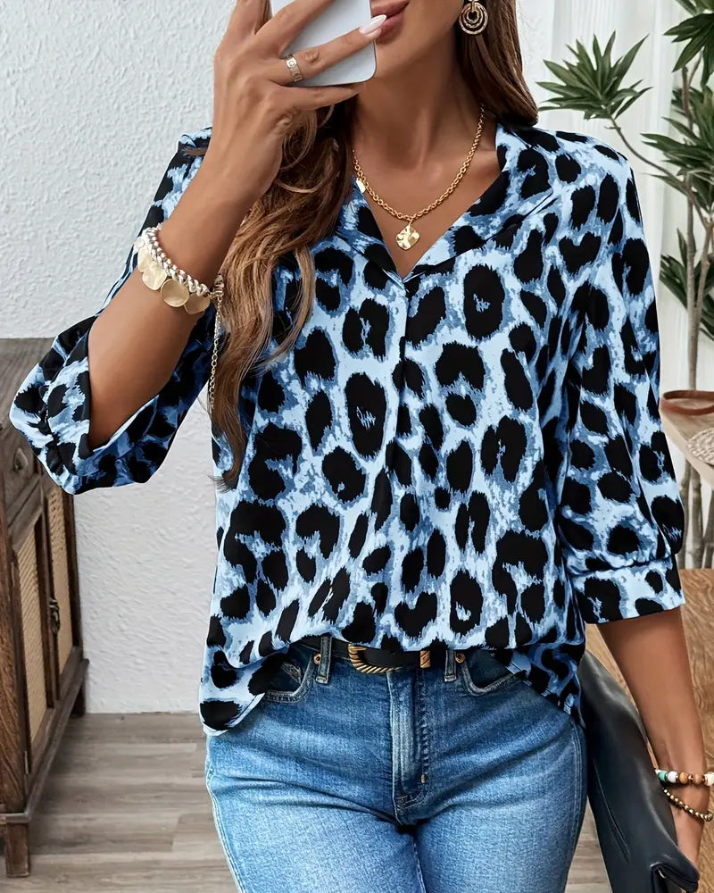 Astoria - Bluse med halvlange ærmer i stort leopardprint