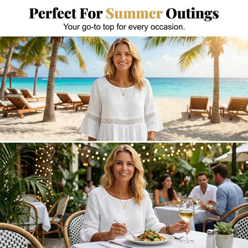Evarielle - Damebluse med blonder og peplum med flæseærmer