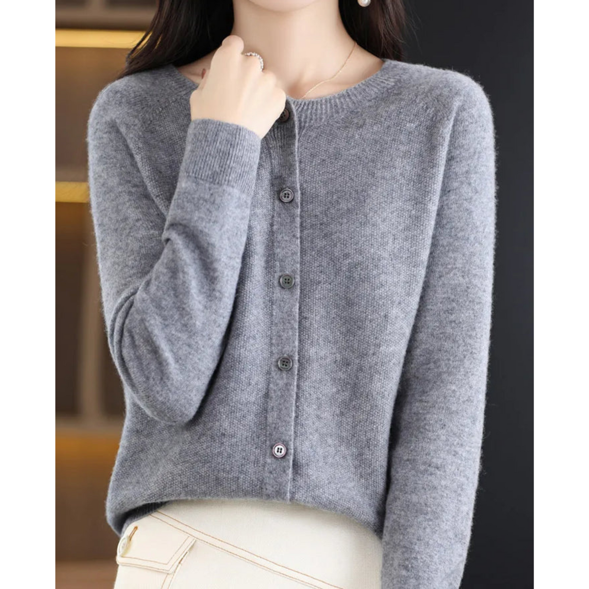 Elyse - Cardigan til kvinder i 100% ren merinould med rund hals, kashmirsweater