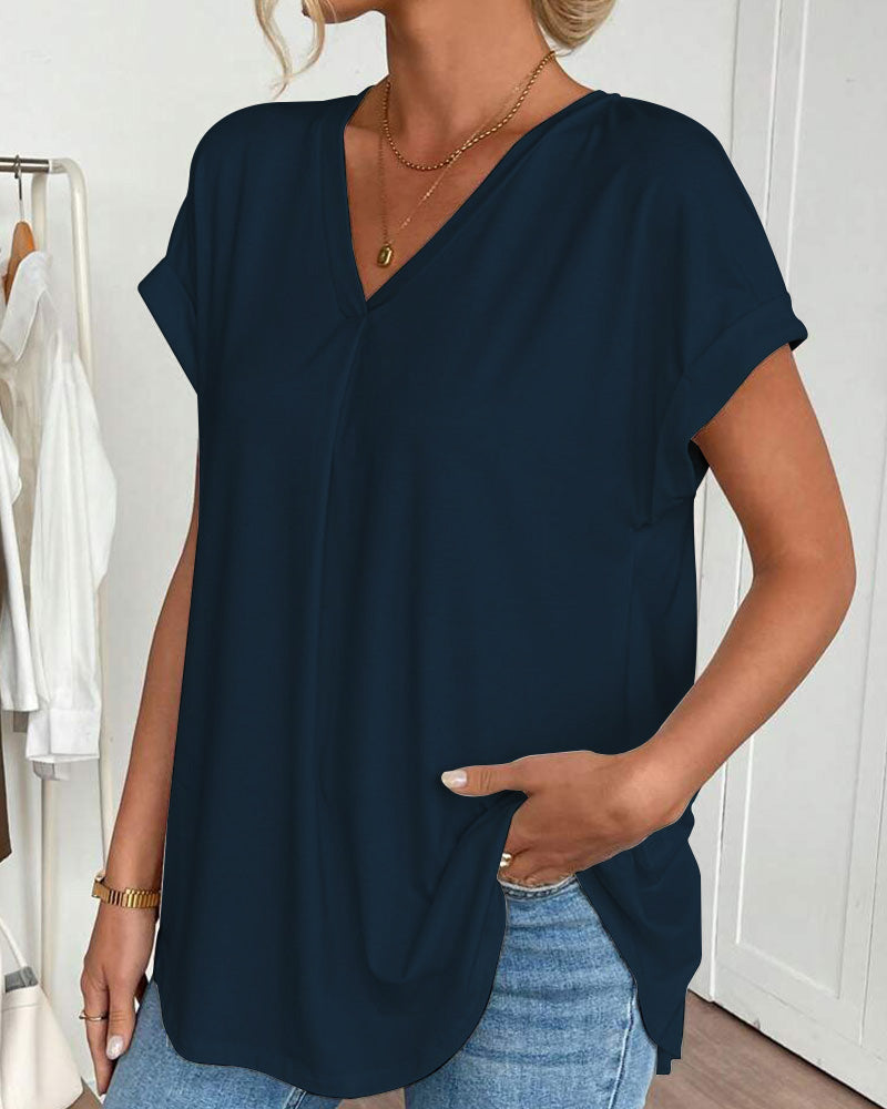 Estella - Ensfarvet T-shirt med korte ærmer og patchwork