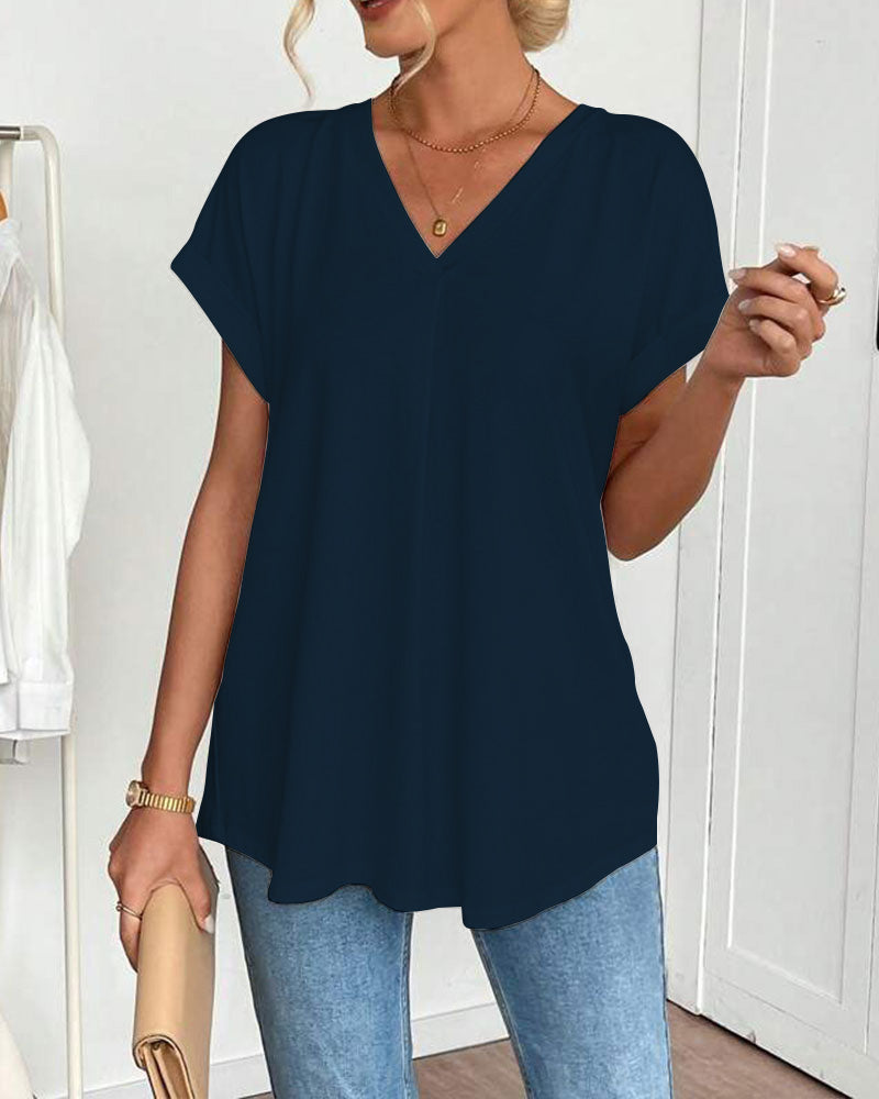 Estella - Ensfarvet T-shirt med korte ærmer og patchwork
