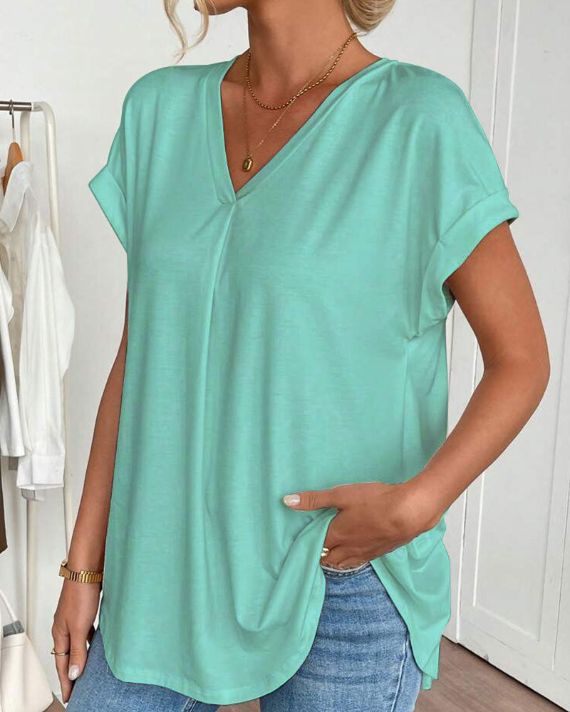 Estella - Ensfarvet T-shirt med korte ærmer og patchwork