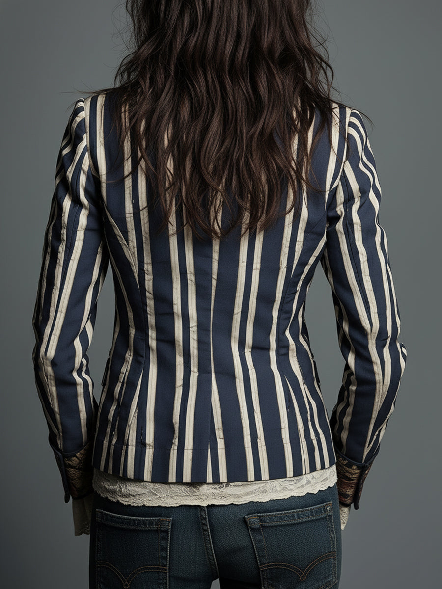 Avenorix - Stribet boheme-blazer til damer med vintage blomsterprint