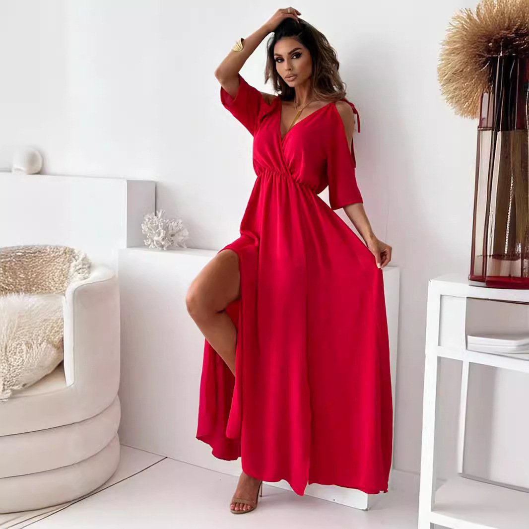 Havessira - Elegant maxikjole med off-shoulder og V-hals