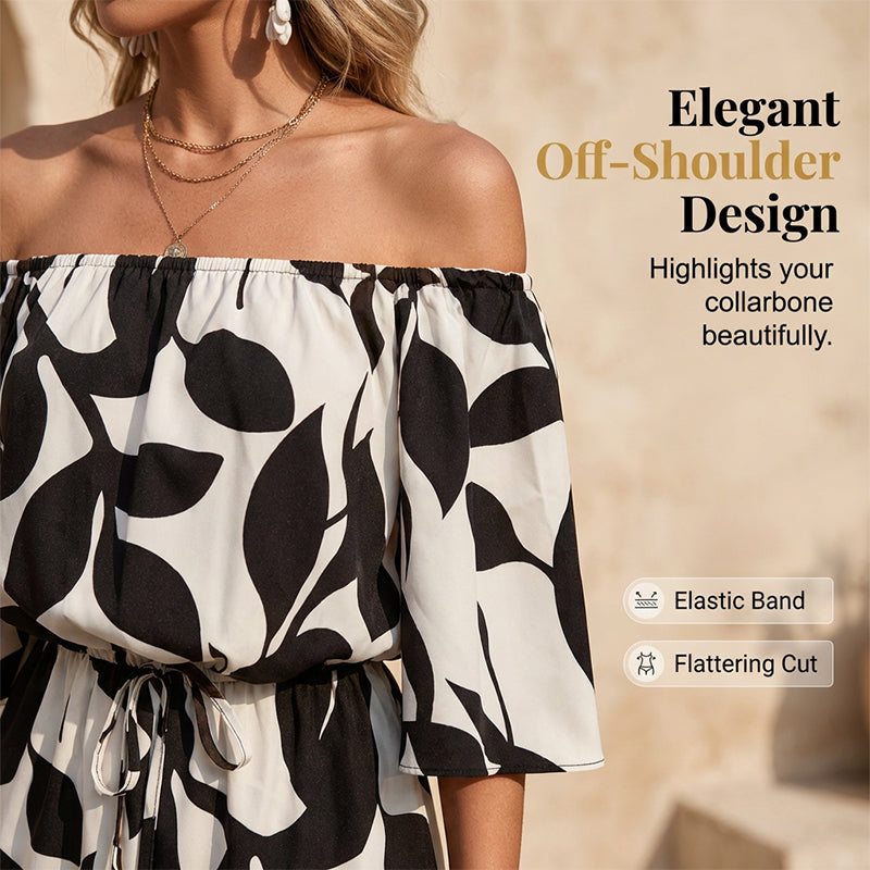 Ivoriah - Kort jumpsuit til damer med bare skuldre og bladprint