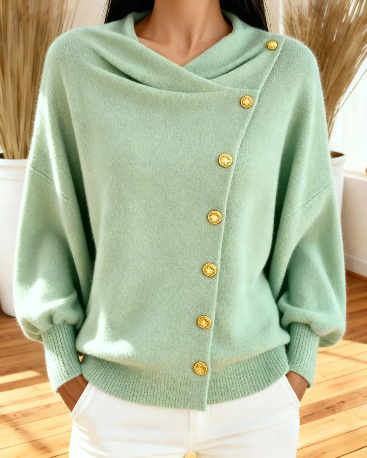 Isavellora - Elegant draperet sweater med guldknapper