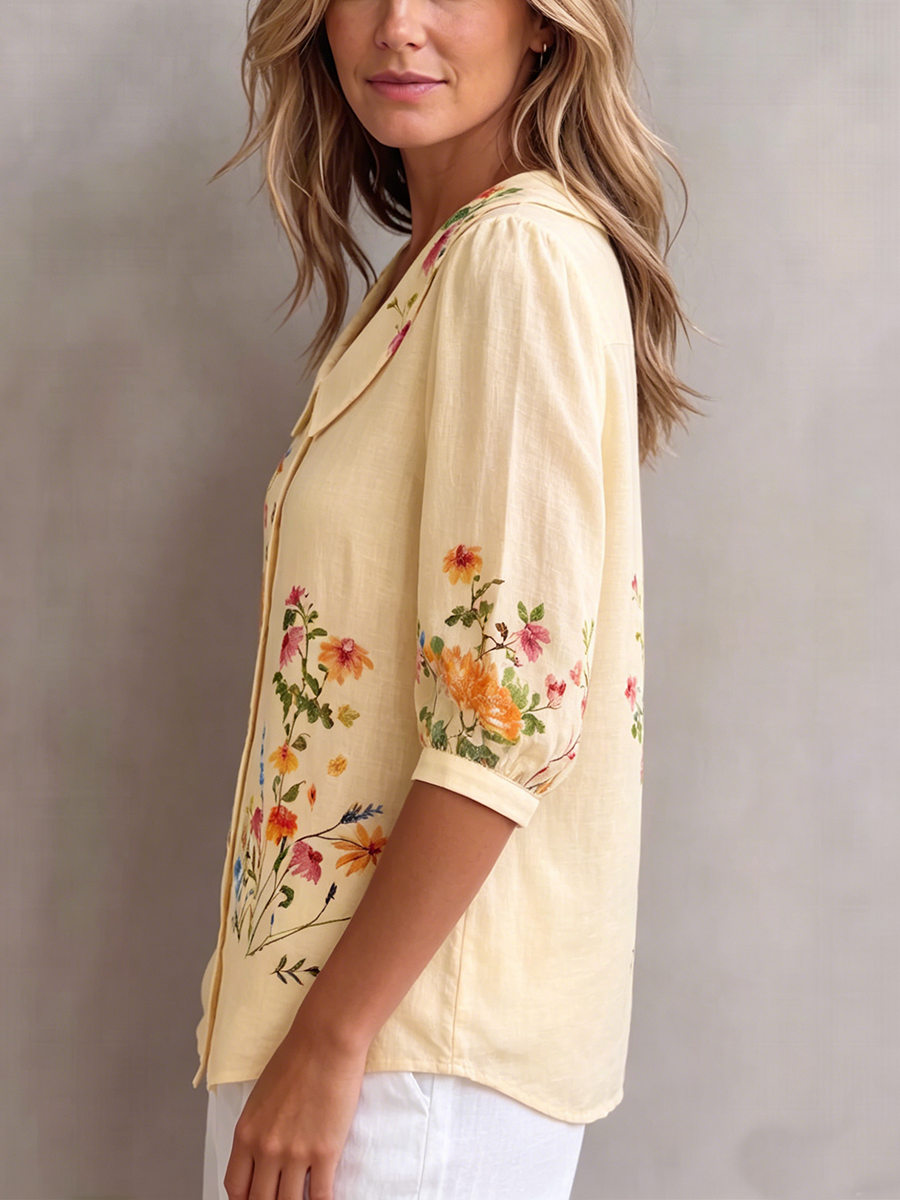 Mavessia - Damebluse i bomuld og hør med kunstnerisk vintage-blomsterprint