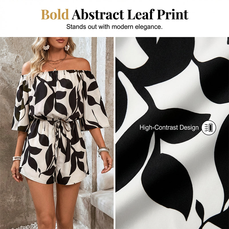 Ivoriah - Kort jumpsuit til damer med bare skuldre og bladprint