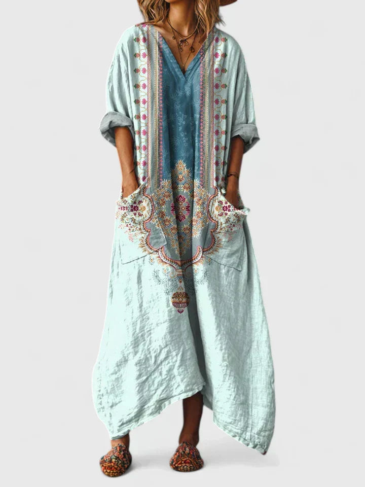 Grazelle - Lang flydende kjole med print i elegant boheme-stil