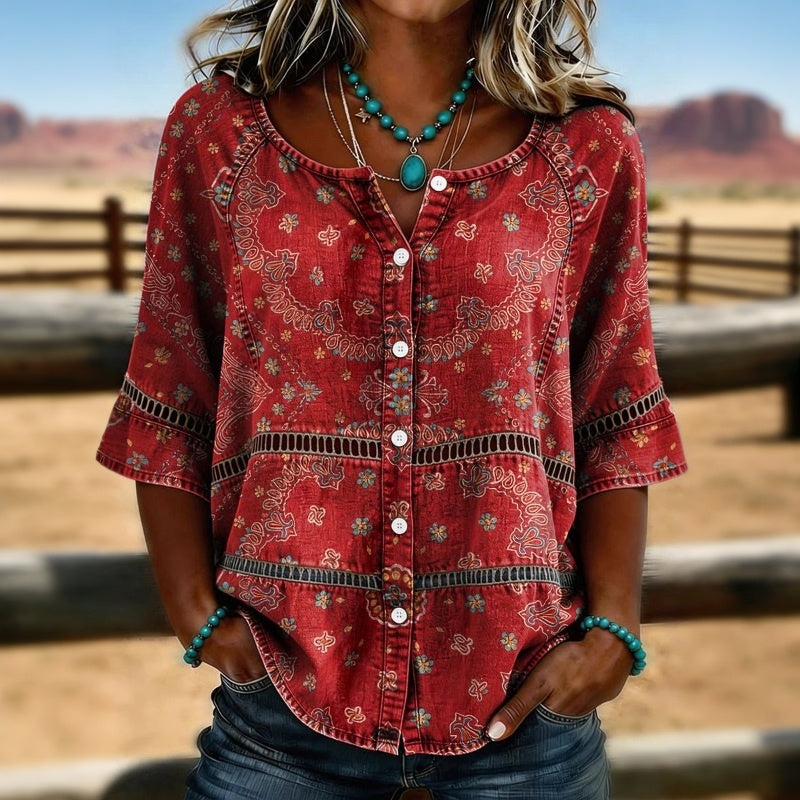 Liorissa - Vintagebluse til kvinder med etnisk print og knapper