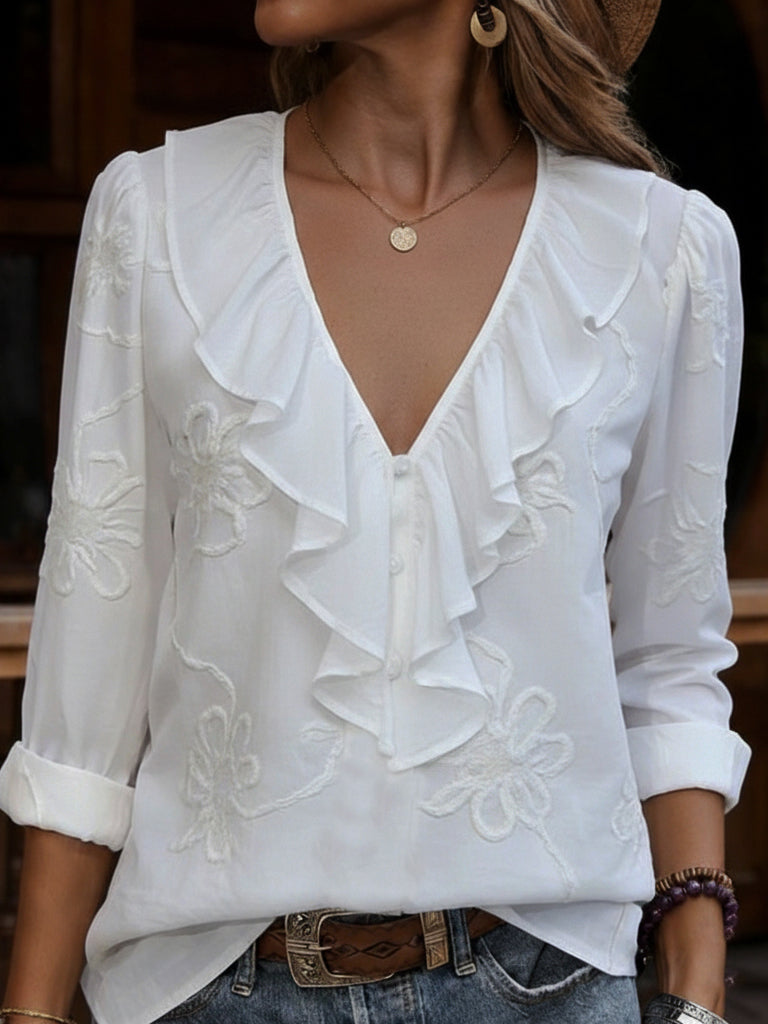 Myrella - Vintagebluse med flæser og blomsterbroderi