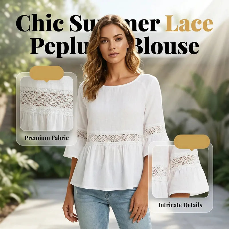 Evarielle - Damebluse med blonder og peplum med flæseærmer