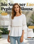Evarielle - Damebluse med blonder og peplum med flæseærmer