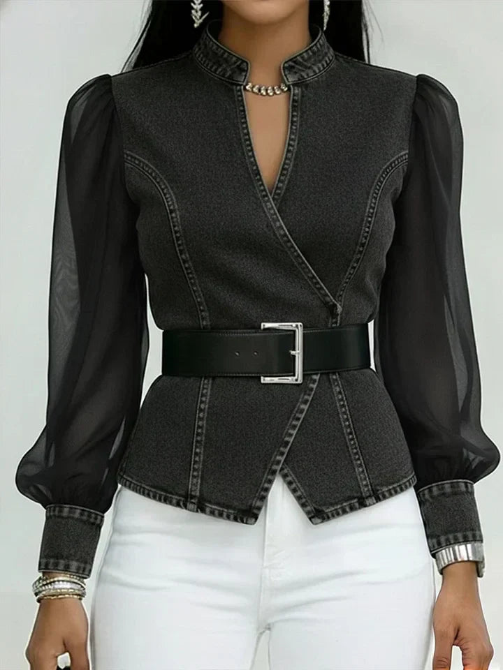 Quinellea - Elegant denimbluse med struktur