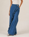 Izzavelle - Vide denimbukser til kvinder med asymmetrisk flæse i elegant culotte-stil