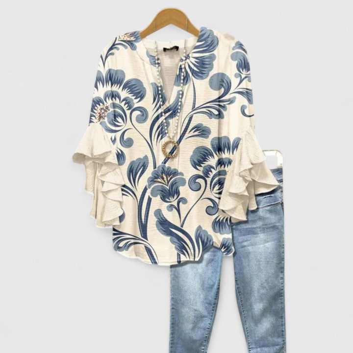 Myravelle - Damebluse med boheme-print og elegante flæseærmer