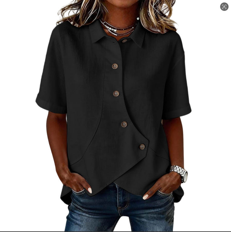Aurelyth - Asymmetrisk damebluse med knapper og elegant struktureret krave