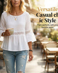 Evarielle - Damebluse med blonder og peplum med flæseærmer