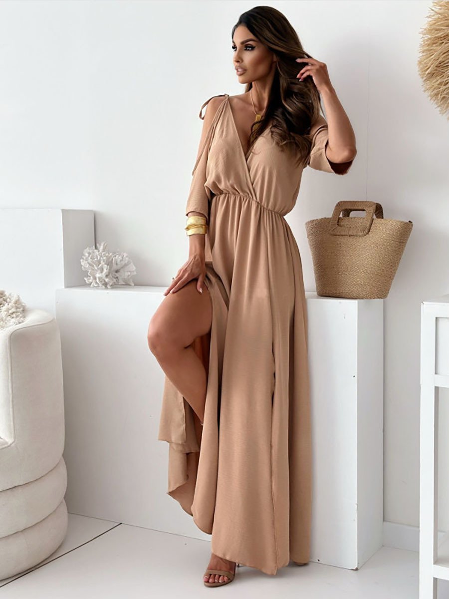 Havessira - Elegant maxikjole med off-shoulder og V-hals
