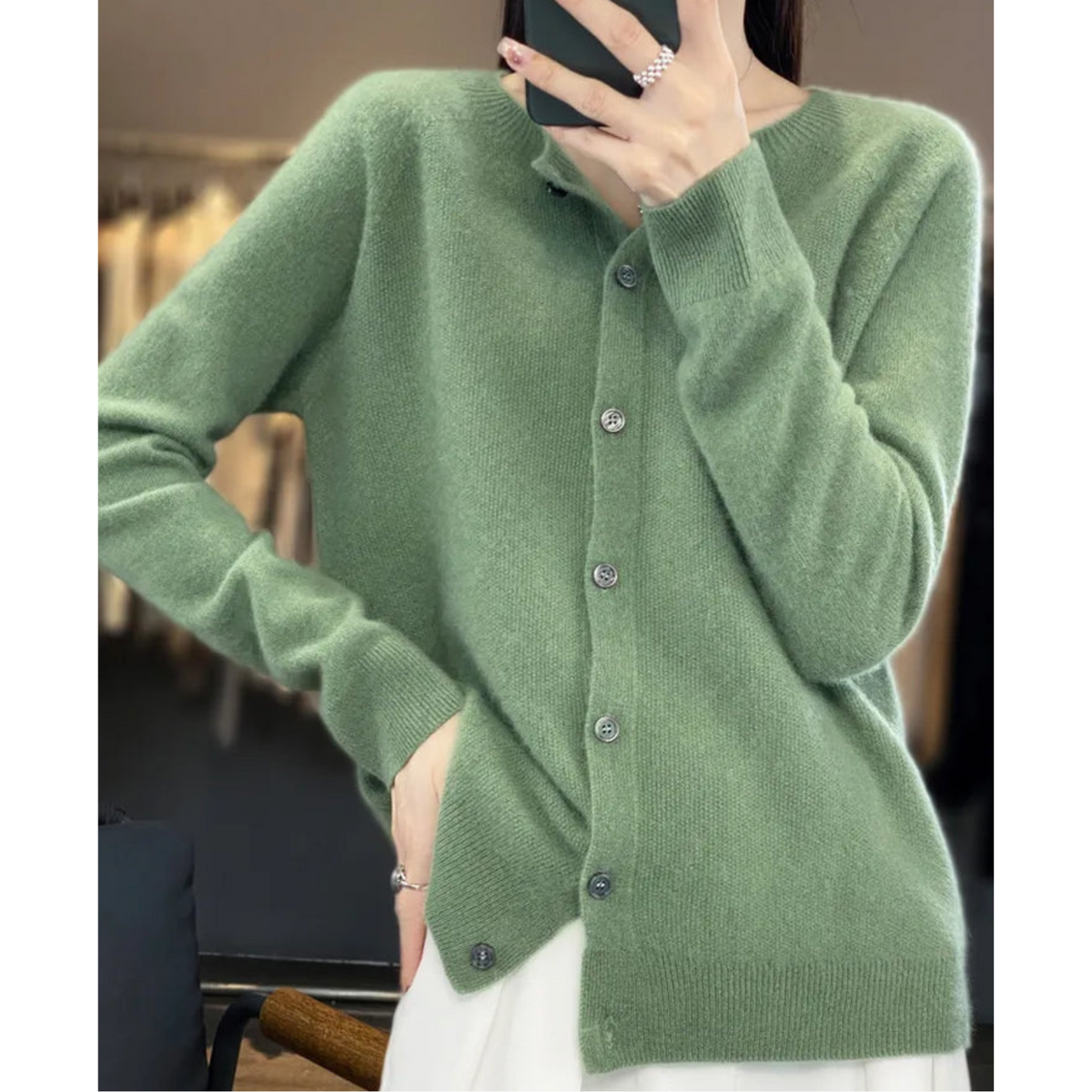 Elyse - Cardigan til kvinder i 100% ren merinould med rund hals, kashmirsweater
