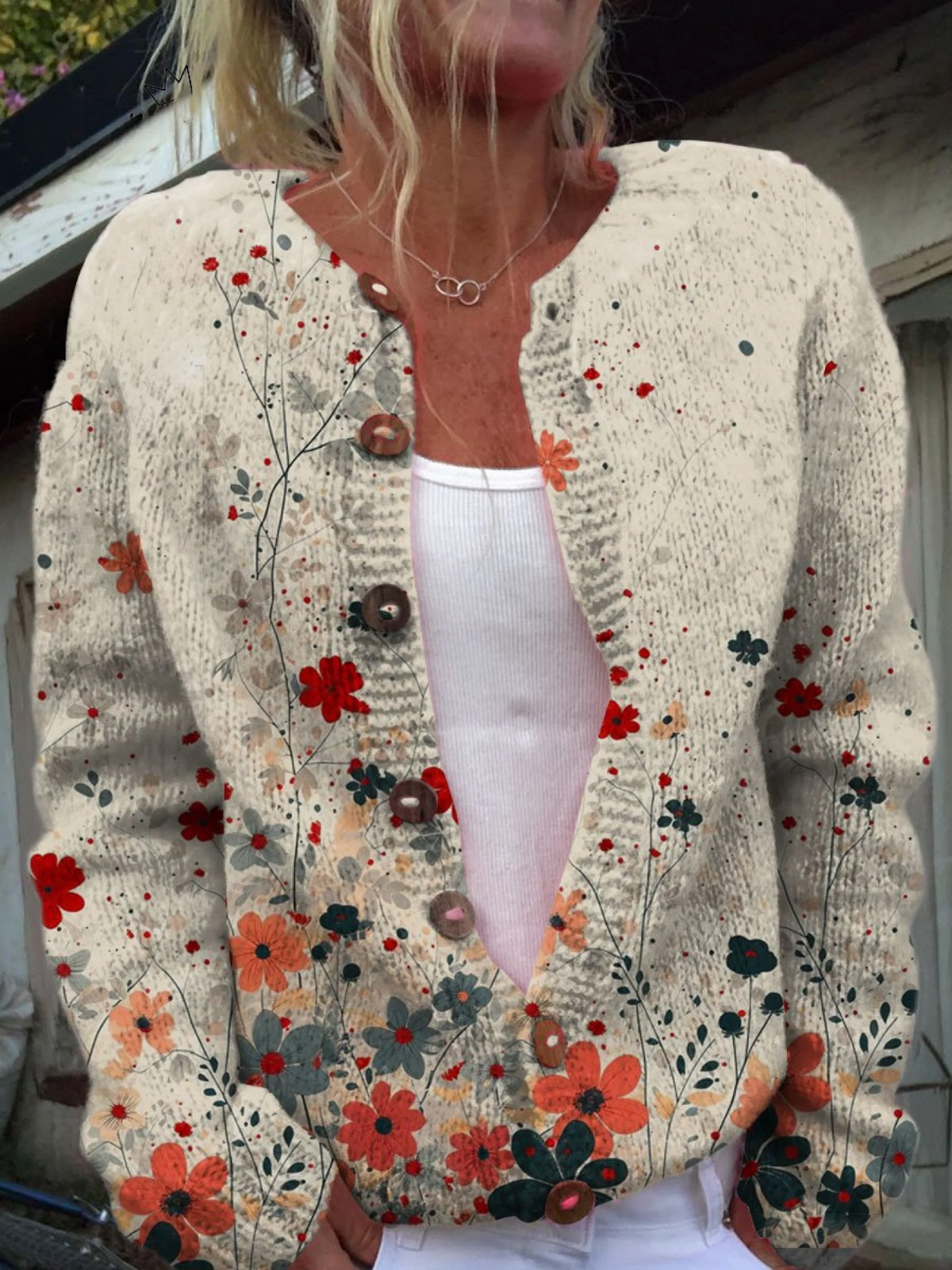 Hanne – vintage strikcardigan med blomsterranker