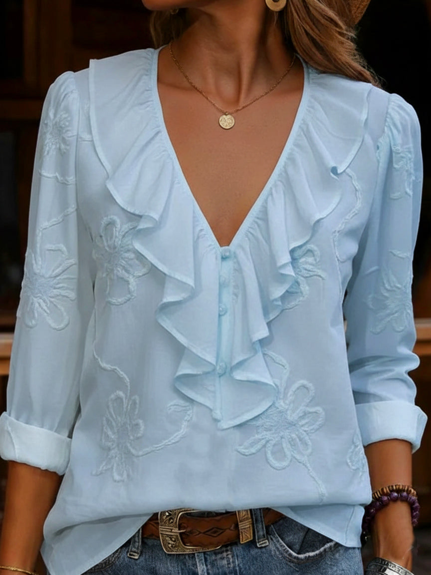 Myrella - Vintagebluse med flæser og blomsterbroderi