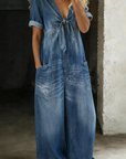 Lioritha - Jumpsuit til damer i blød denim med V-hals og vide ben