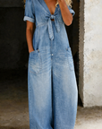 Lioritha - Jumpsuit til damer i blød denim med V-hals og vide ben