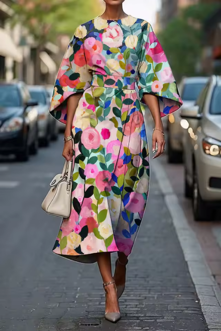 Havirelle - Elegant blomstret midikjole til damer med flydende ærmer og kunstnerisk print