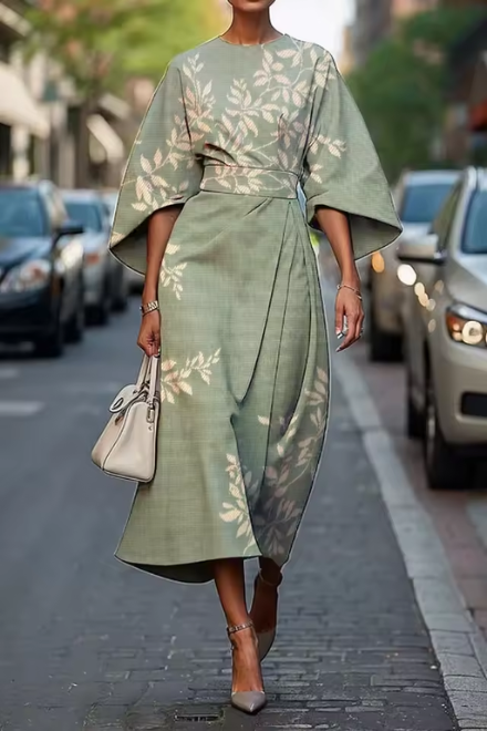 Havirelle - Elegant blomstret midikjole til damer med flydende ærmer og kunstnerisk print