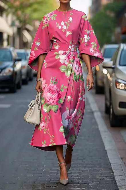 Havirelle - Elegant blomstret midikjole til damer med flydende ærmer og kunstnerisk print