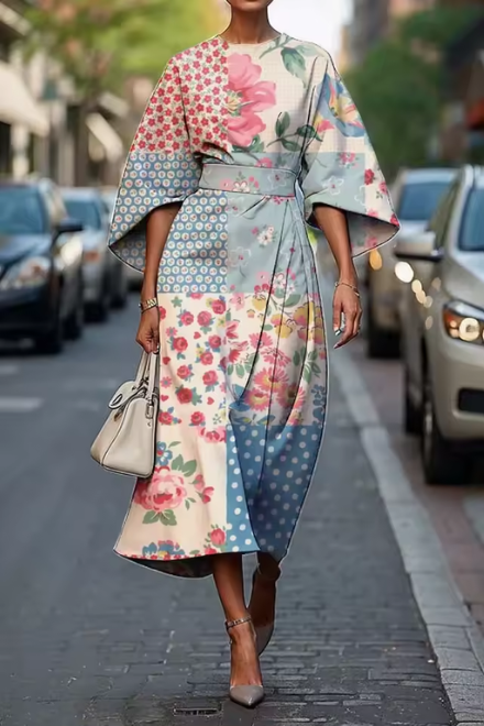 Havirelle - Elegant blomstret midikjole til damer med flydende ærmer og kunstnerisk print