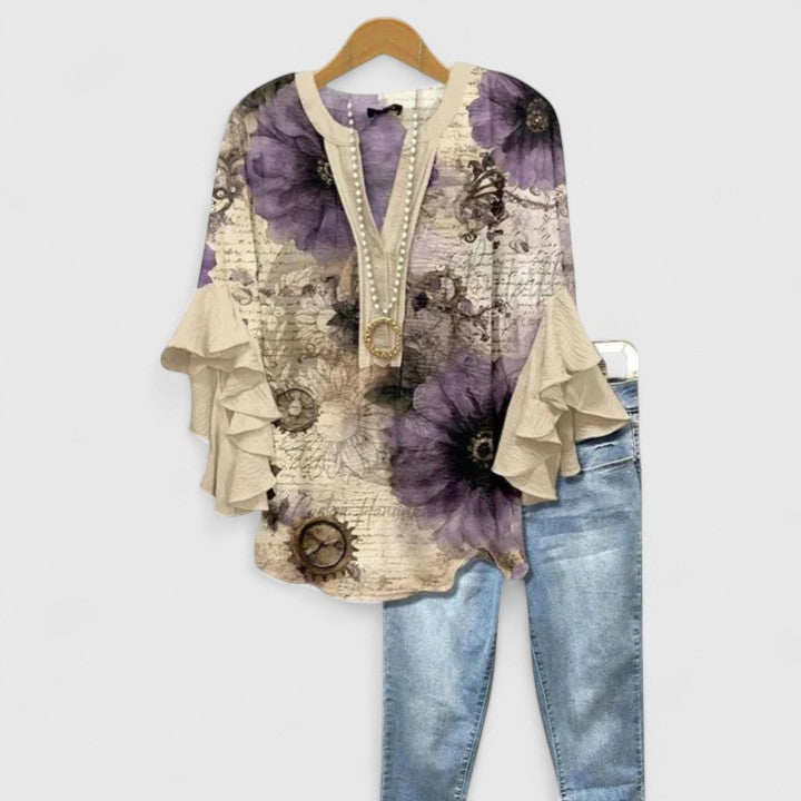 Myravelle - Damebluse med boheme-print og elegante flæseærmer