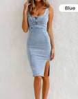 Estelle - Bodycon denimkjole med U-formet hals og slids med justerbare stropper
