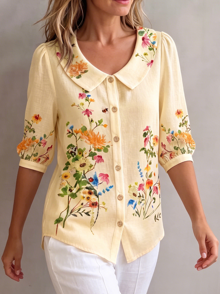 Mavessia - Damebluse i bomuld og hør med kunstnerisk vintage-blomsterprint